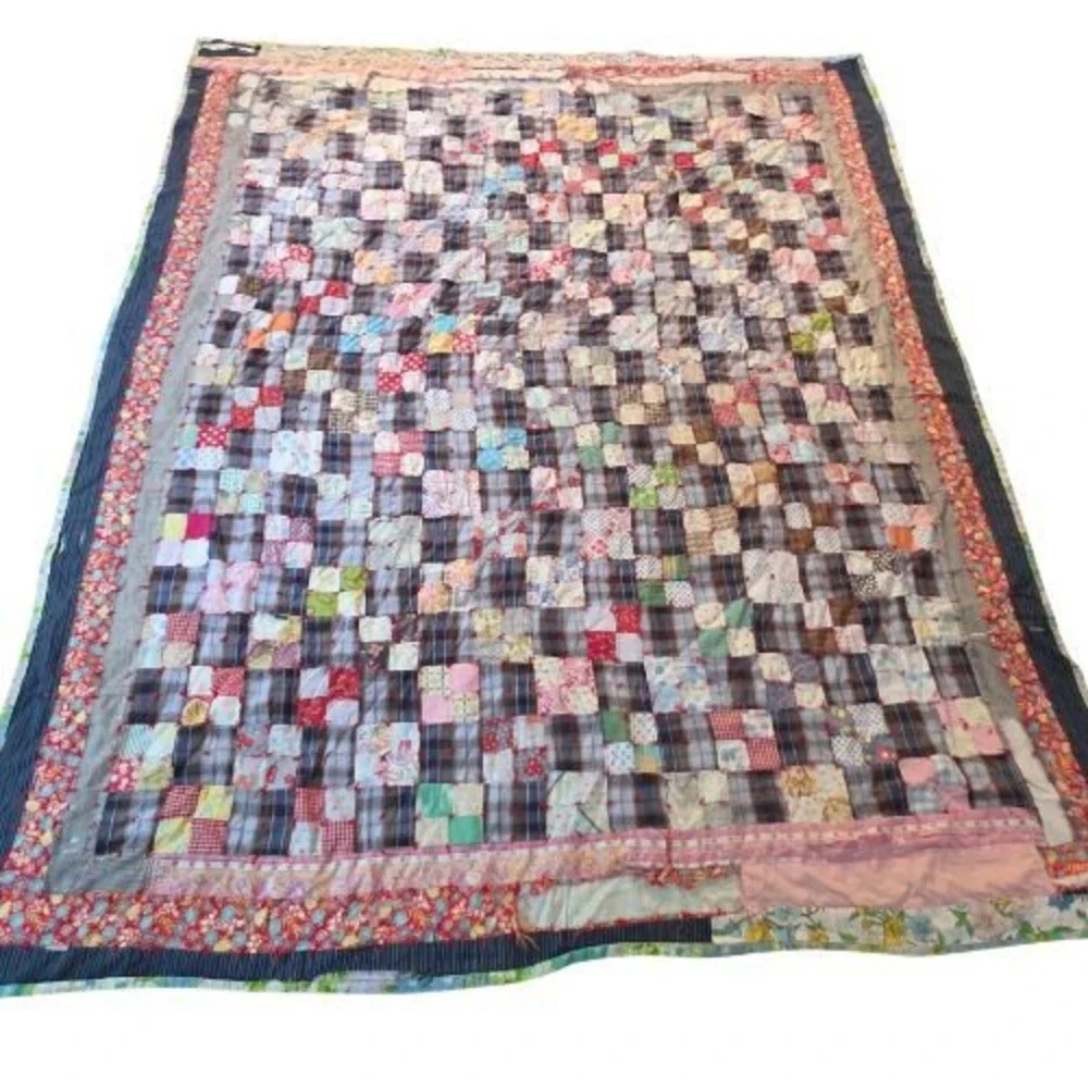 Vintage Handmade Patchwork Quilt Plaid Floral 1960s Farmhouse‎ Americana 70x86